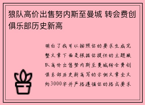 狼队高价出售努内斯至曼城 转会费创俱乐部历史新高